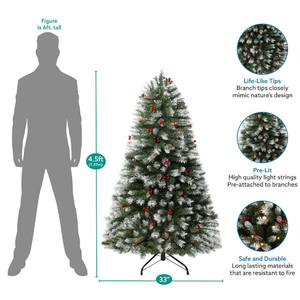HOMESTOCK 4.5 ft Frosted Pre-Lit Artificial Christmas Tree with Pine Cones, Faux Berries, Foot Pedal, 200 Warm Lights and Stand