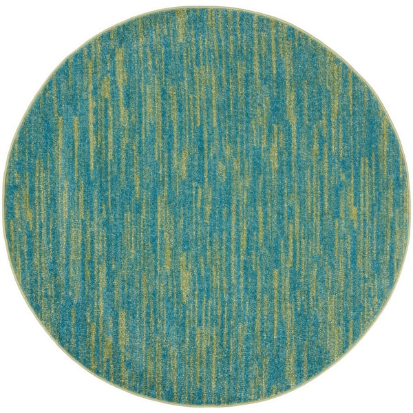 Nourison Essentials 4 ft. x 4 ft. Blue Green Round Solid Contemporary Indoor/Outdoor Patio Area Rug