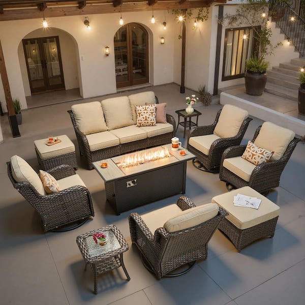 Nerium C 10-Piece Wicker Outdoor Patio 54" Fire Pit Conversation Set with Swivel Rocking Chairs and Beige Cushions