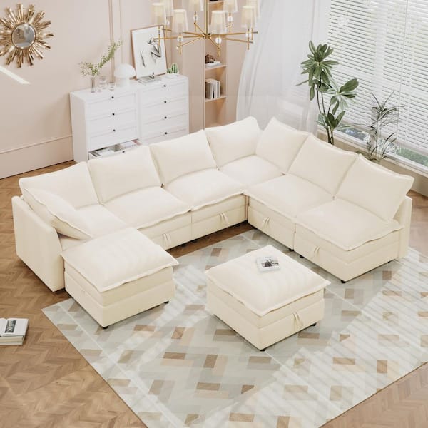 Versatile 126 in. 8-Piece Polyester Modular Sectional Sofa in Beige with Storage, 2 Ottomans