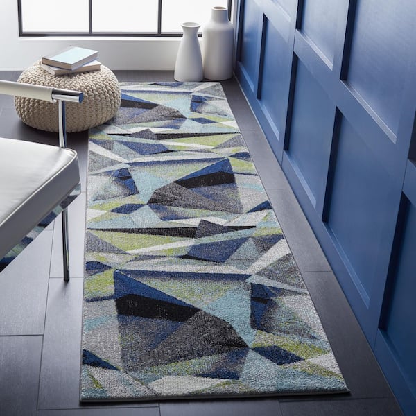 Porcello 2 ft. x 18 ft. Gray/Blue Geometric Runner Rug