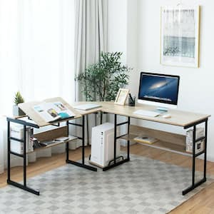 50.5 in. L-Shaped Natural Wood Computer Desk Drafting Table Workstation w/Tiltable Tabletop