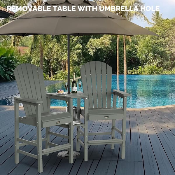 Gray HDPE Plastic Tall Adirondack Chairs Set of 2, Balcony Chair with Connecting Tray All-Weather Outdoor Bar Stools