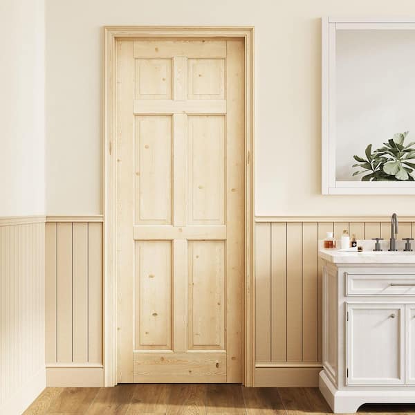 32 in. x 80 in. 6-Panel Left Solid Core Unfinished Pine Wood Single Prehung Interior Door + Quick Assemble Pine Jamb