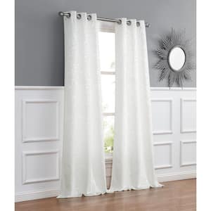 Priscilla White Linen Look Boho 3D Floral Textured Designed Semi Sheer Curtain Panel Pair 38" in.W x 84" in.L (Set of 2)