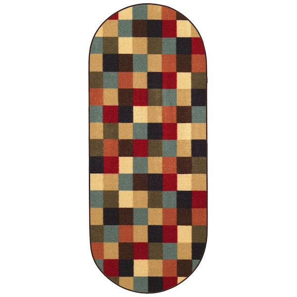 Ottomanson Ottohome Collection Non-Slip Rubberback Checkered Design 2x5 Indoor Oval Runner Rug,1 ft. 8 in. x4 ft. 11 in.,Multicolor
