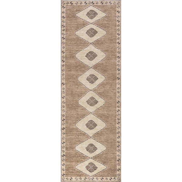 Fennel Diamond Machine Washable Light Brown 3 ft. x 8 ft. Indoor/Outdoor Runner Rug