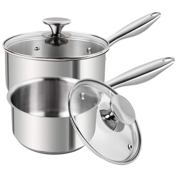 2-Piece Stainless Steel Saucepan Set Mirror Finish Induction Compatible Glass Lid Dishwasher Oven Safe Cooking Pot