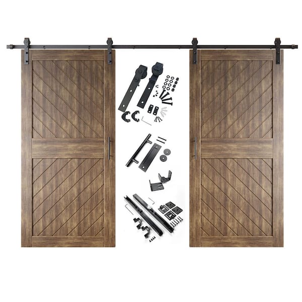 HOMACER XT4 36 in. x 84 in. C-Panel Dark Walnut Slanted Stripe Design Double Pine Wood Sliding Barn Door with Hardware Kit