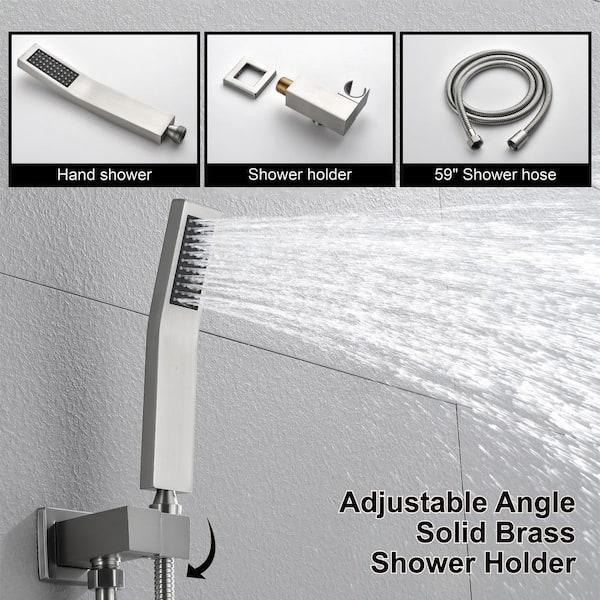 Rainfall 3-Spray Square 12 in. Tub and Shower Faucet with Hand Shower in Brushed Nickel (Valve Included)