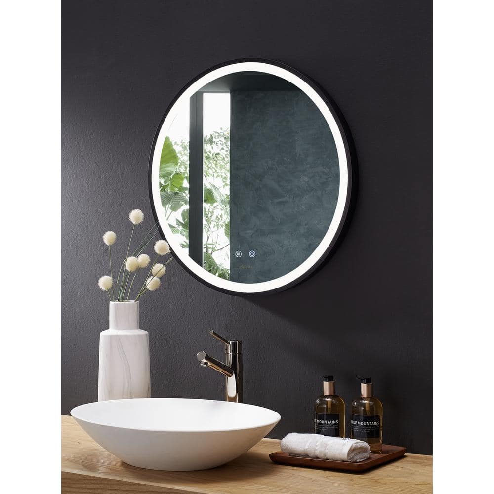 30-Inch Round Black Aluminum Bathroom Vanity Mirror with LED Light