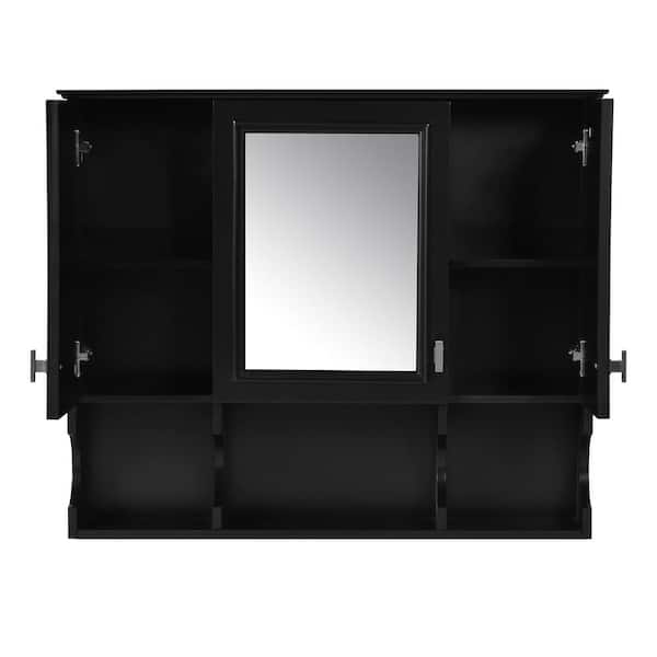 35 in. W x 28.7 in. H Rectangular Black Wood Surface Mount Medicine Cabinet with Mirror and Open Shelves for Bathroom
