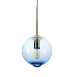Zurich 8 in. W x 17 in. H 1-Light Brass Hand Blown Glass Pendant Light with Blue Glass Shade