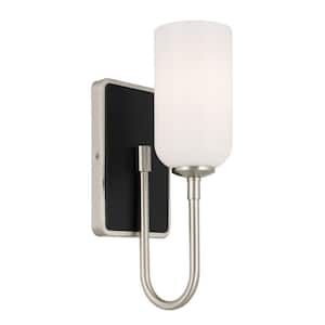 Solia 13.5 in. 1-Light Brushed Nickel with Black Bathroom Wall Sconce Light with Opal Glass Shade