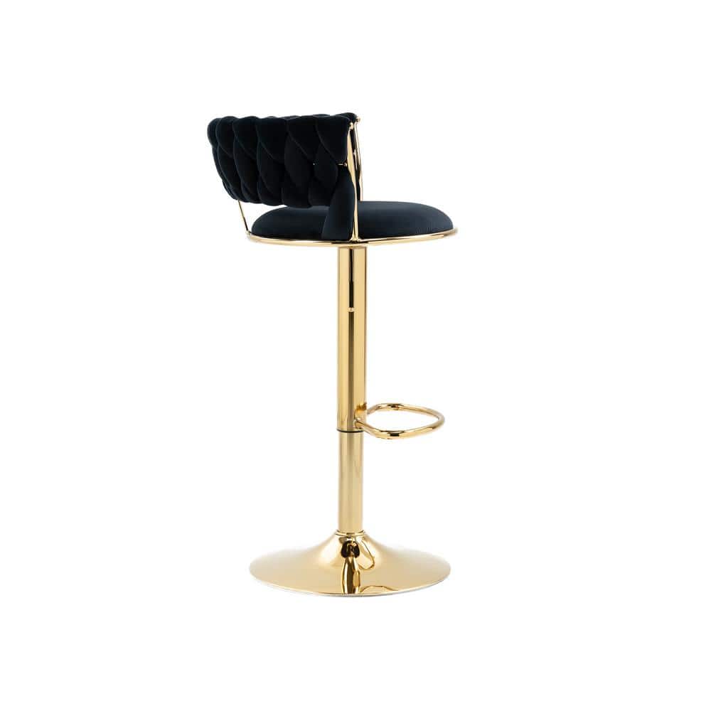 Black Velvet Adjustable Swivel Bar Stools with Gold Frame, Set of 2