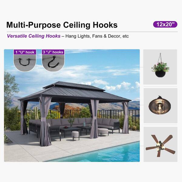 PURPLE LEAF 12 ft. x 20 ft. Gray Aluminum Hardtop Gazebo Canopy