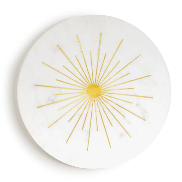 GAURI KOHLI 12 in. Vista White with Gold Knives Marble Cheese