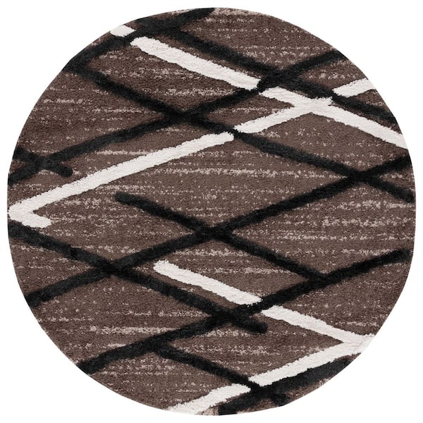 SAFAVIEH Hi-Lo Shag Brown/Ivory Charcoal 7 ft. x 7 ft. Solid Color Striped Round Area Rug