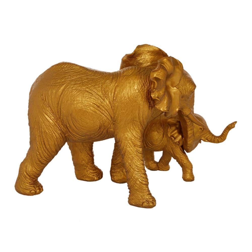 Gold Resin Elephant Figurine with Baby, 6" x 10" x 7"