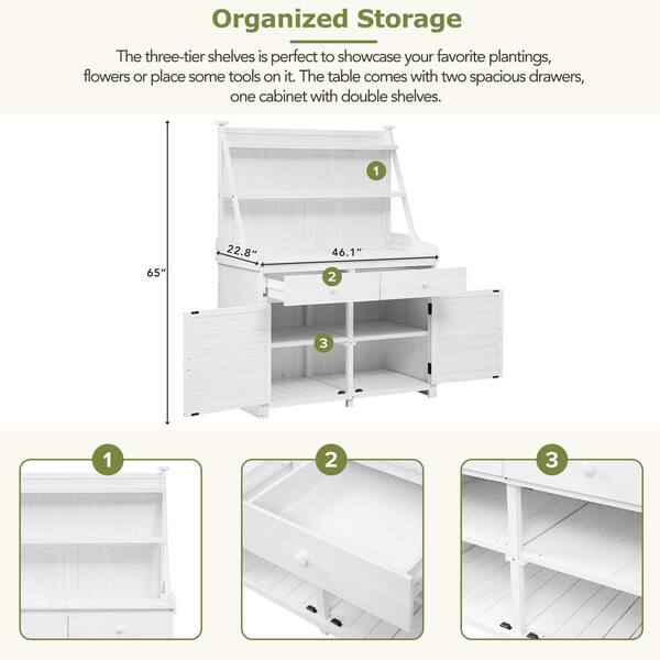 Unbranded - 47.2 in. W x 65 in. H White Garden Potting Bench Table, Fir Wood Workstation with Storage Shelf, Drawer and Cabinet