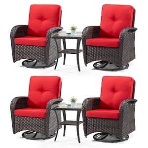 6-Piece Wicker Swivel Outdoor Rocking Chairs Patio Conversation Set with Red Cushions