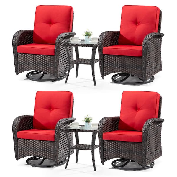 6-Piece Wicker Swivel Outdoor Rocking Chairs Patio Conversation Set with Red Cushions
