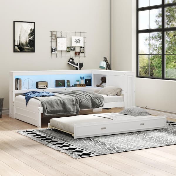 Tes White Wood Frame Full Size Daybed with Trundle, LED Light, USB Charging Station, Storage Shelves