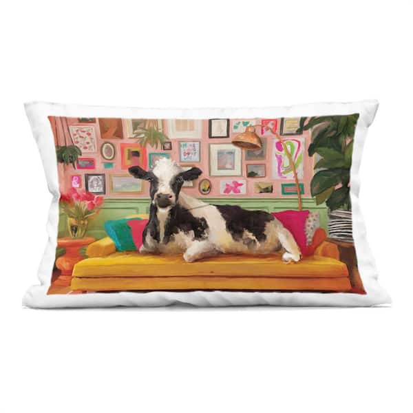 Cow in Whimsical Maximalist House Multi-Color Abstract Polyester 14 in. X 20 in. Throw Pillow