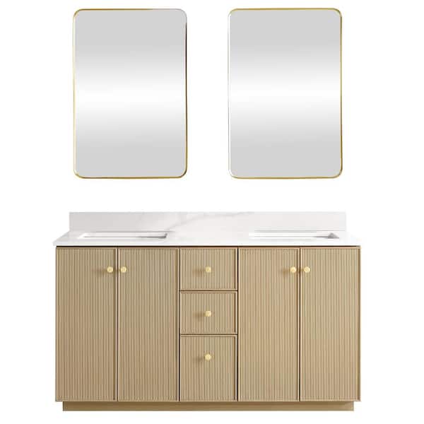 ROSWELL Oza 60 in.W x 22 in.D x 33.9 in.H Double Sink Bath Vanity in Natural Oak with White Quartz Stone Top and Mirror