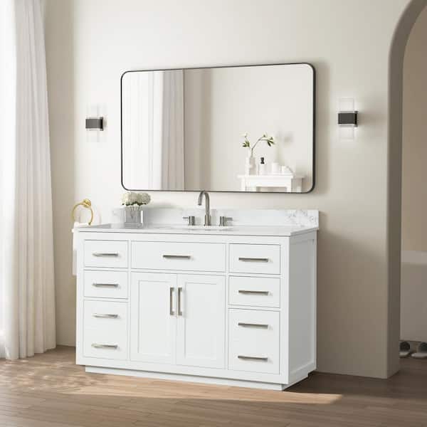 54 in. W Solid Wood Bath Vanity Double Sink with White Quartz Countertop, Soft-Close Cabinet, 6 Drawers, Assembled
