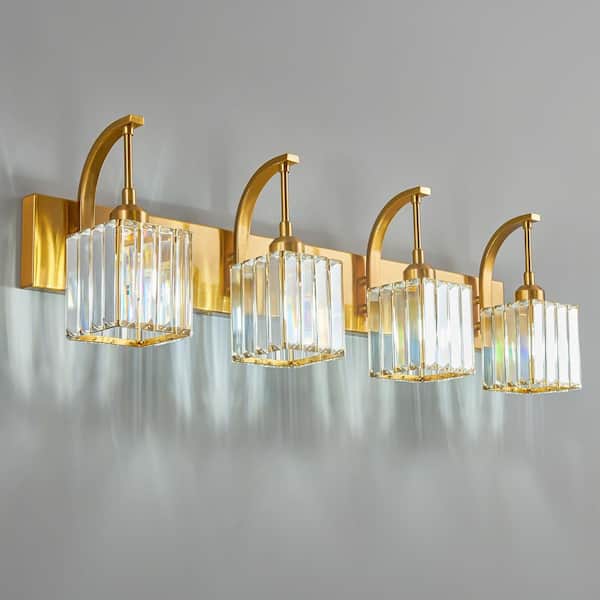 Home Lighting 32.67 in. 4-Light Gold Square Vanity Lights with Crystal Accents Over Mirror For Bathroom (JW-294）