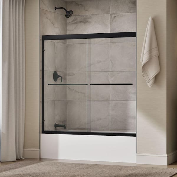 Lively 57-60 in. W x 58 in. H Frameless Sliding Tub Door in Matte Black with 1/4 in. Thick Clear Tempered Glass