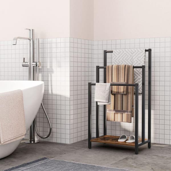 Dracelo 3-Tier Brown Bathroom Ladder Shelf, Bathroom Floor Storage Shelf with Drawer