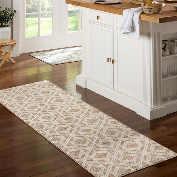 Everyday Walker Modern Diamond Beige 24 in. x 72 in. Machine Washable Runner Kitchen Mat