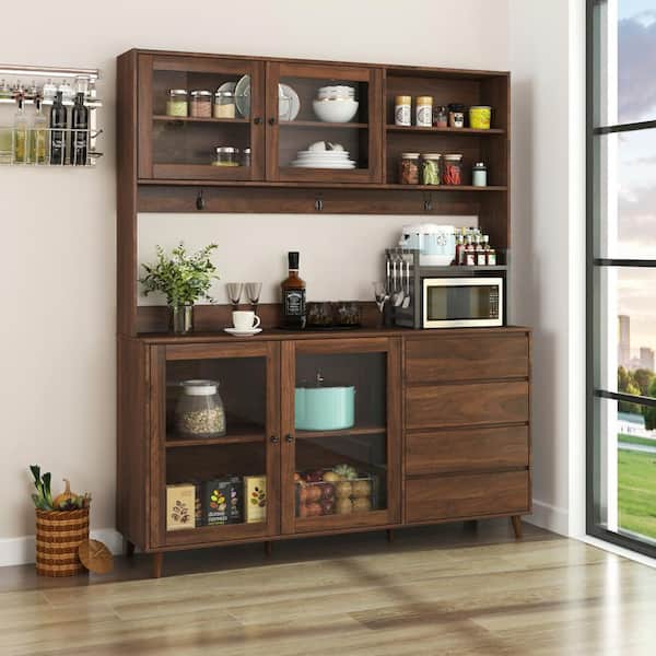 71 in. Brown Wood 4-Drawers Pantry Organizer Freestanding Large Kitchen Hutch Cabinet w/ 4-Doors Microwave Shelf & Hook