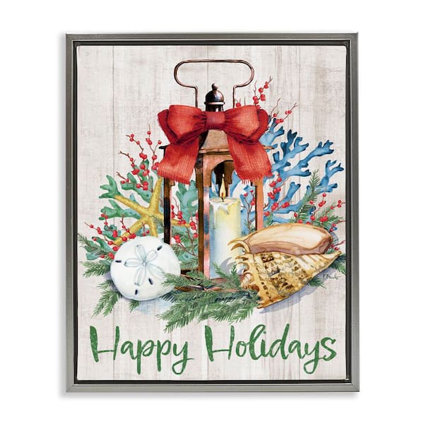 Stupell Industries Happy Holidays Nautical Lantern by Paul Brent Gray Floater Frame Typography Graphic Art Print 31 in. x 25 in.
