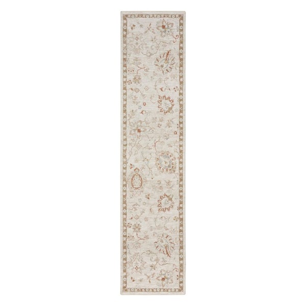 2 x 10 Beige Floral Power Loom Distressed Runner Rug