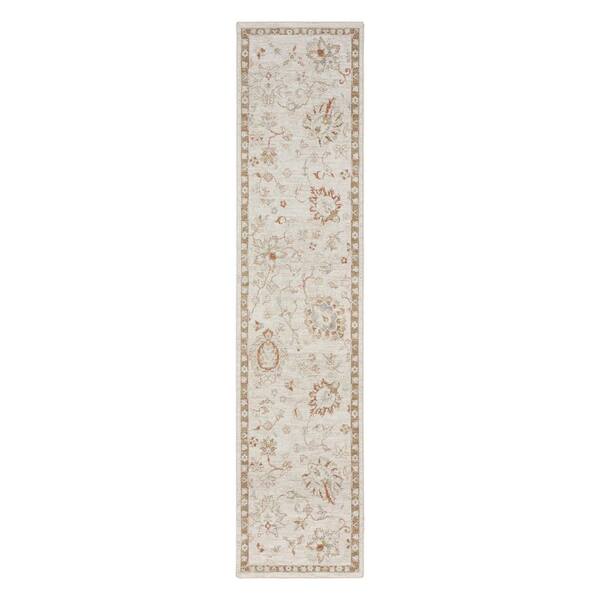 10' Ivory Floral Power Loom Distressed Runner Rug