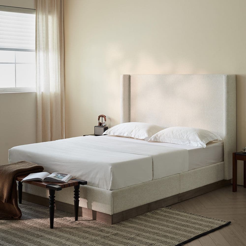 Duncan Oat (Beige) Boucle Fabric Upholstered Metal Frame California King Platform Bed with High Wingback Headboard