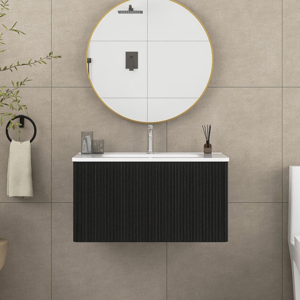 29.9 in. W x 18.3 in. D x 15.6 in. H Single Sink Wall-Mounted Bath Vanity in Black with White Integrated Ceramic Sink price history on PriceWatchPro