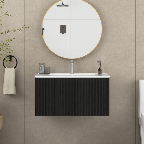 29.9 in. W x 18.3 in. D x 15.6 in. H Single Sink Wall-Mounted Bath Vanity in Black with White Integrated Ceramic Sink