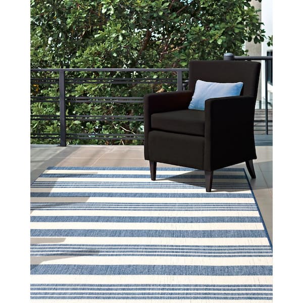 Robin Striped Coastal Blue 9 ft. x 13 ft. Indoor/Outdoor Patio Area Rug