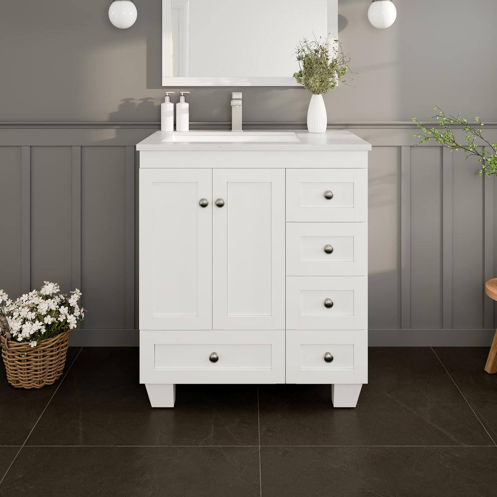 White 30" Bathroom Vanity with Carrara Quartz Countertop