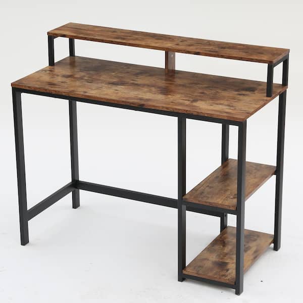 TRIBESIGNS WAY TO ORIGIN Erl 42 in. Rectangular Black Metal and Walnut Particle Wood Board Computer Desk with Storage Shelves for Home Office