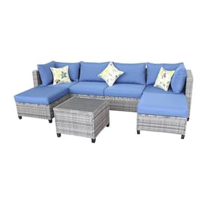 Gray 7-Piece Wicker Patio Conversation Sectional Seating Set with Blue Cushions