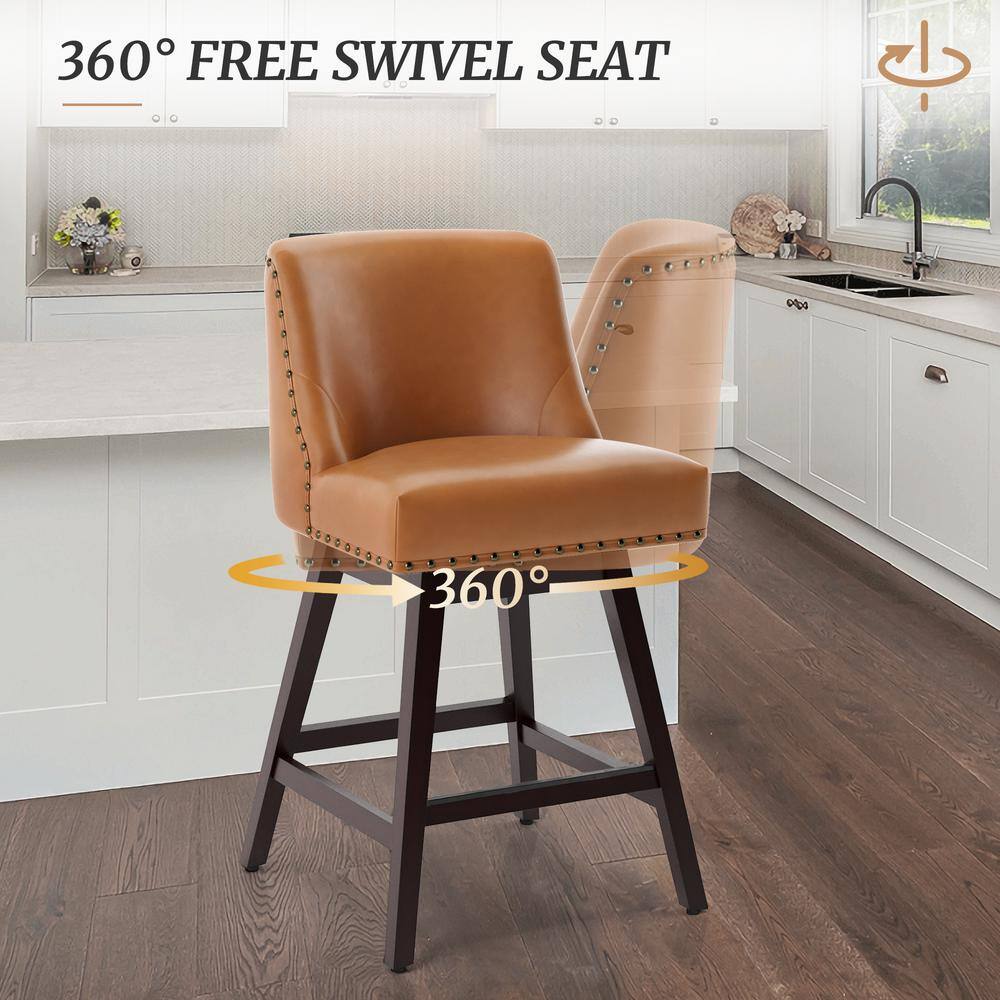 26'' Yellowish-Brown Swivel Counter Stools with Faux Leather and Wood Legs, Set of 6