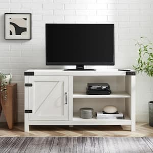 44 in.Brushed white wood and metal accent mini farmhouse barn door tv stand (Max tv size 50 in.)