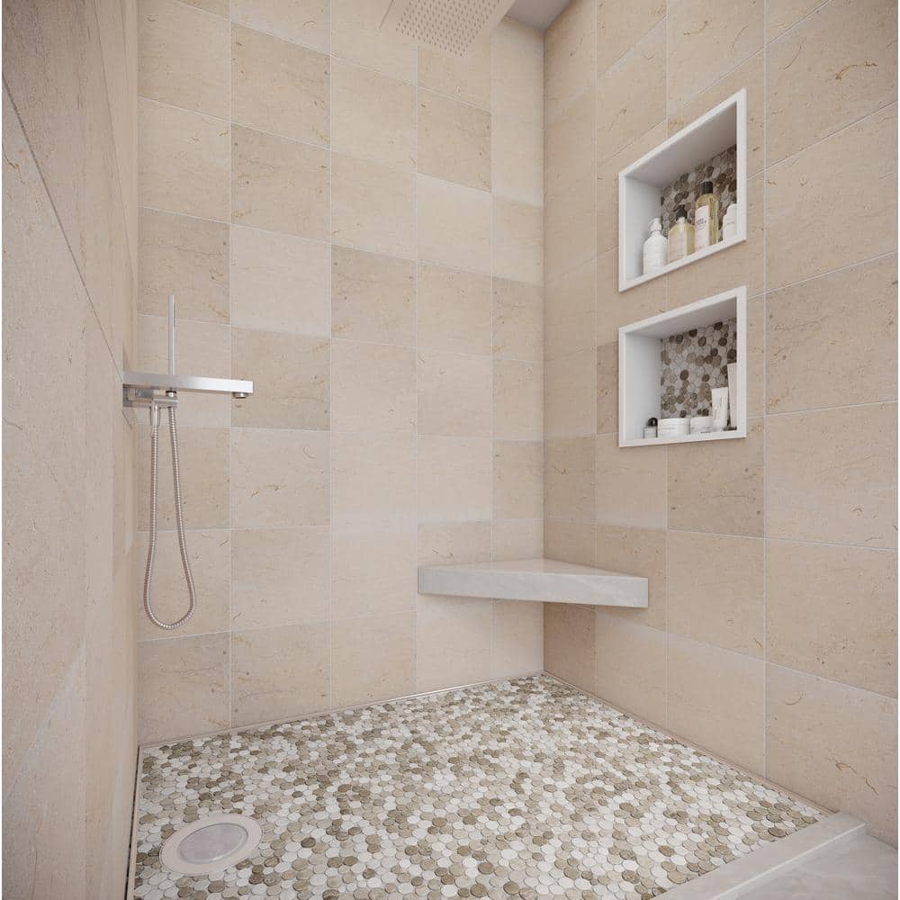 12" x 12" Tan and Off-White Marble Penny Round Mosaic Tile