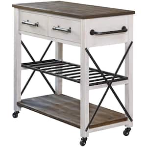 Aurora Farmhouse Aged White Rolling Kitchen Cart with Rustic Wood Top