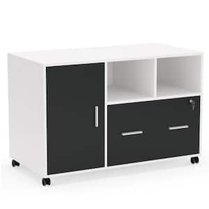 Atencio White Lateral Filing Cabinet with Storage Shelves Mobile Printer Stand